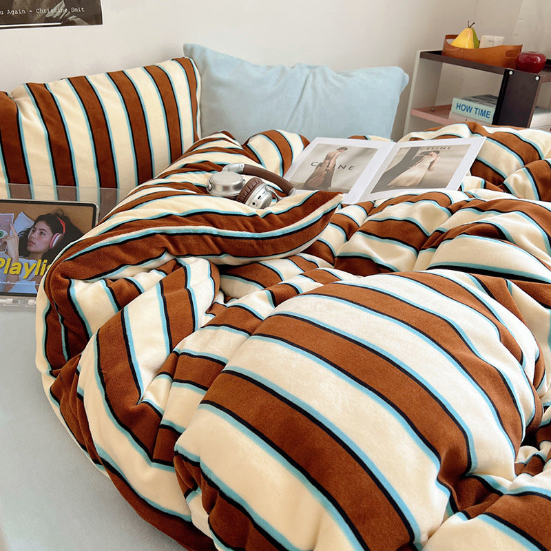 HKM-592915 Striped Milk Fiber Bedding Set - Four-Piece Options for Various Bed Sizes