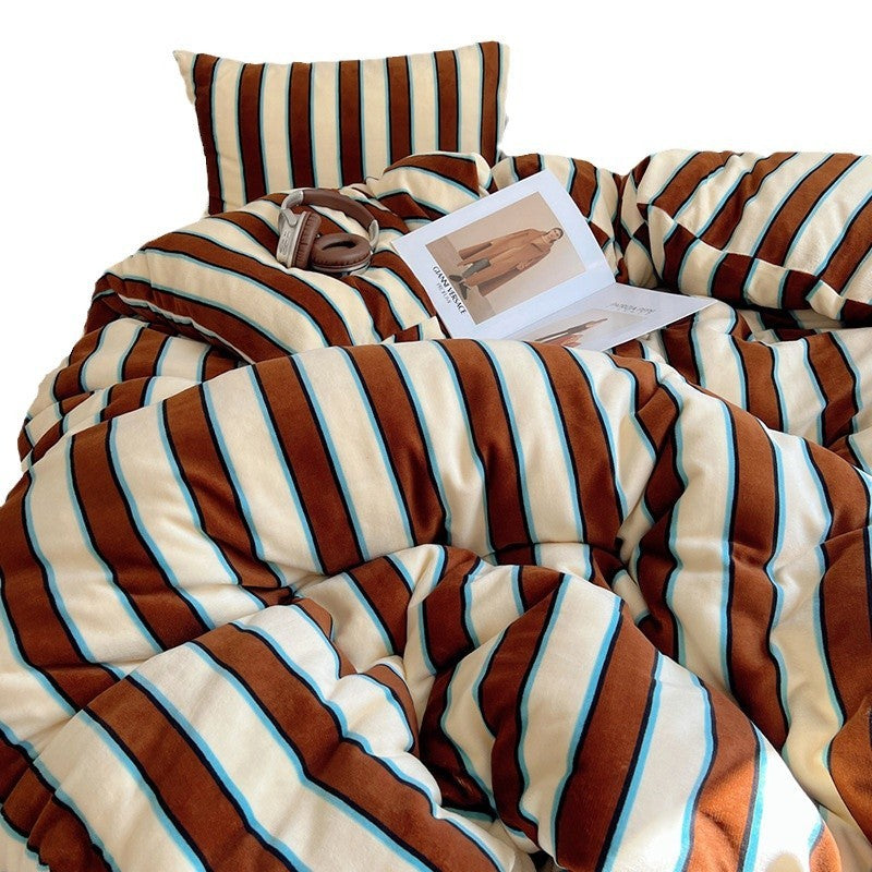 HKM-592915 Striped Milk Fiber Bedding Set - Four-Piece Options for Various Bed Sizes