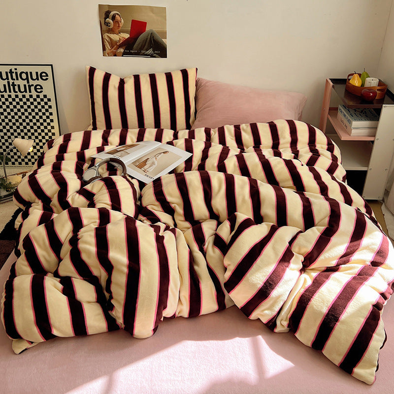 HKM-592915 Striped Milk Fiber Bedding Set - Four-Piece Options for Various Bed Sizes