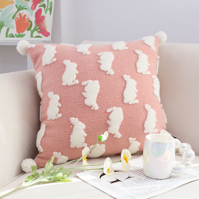HKM-592979 Cute Rabbit Pillow Cover for Children's Room in Cream Yellow and Floral Gray