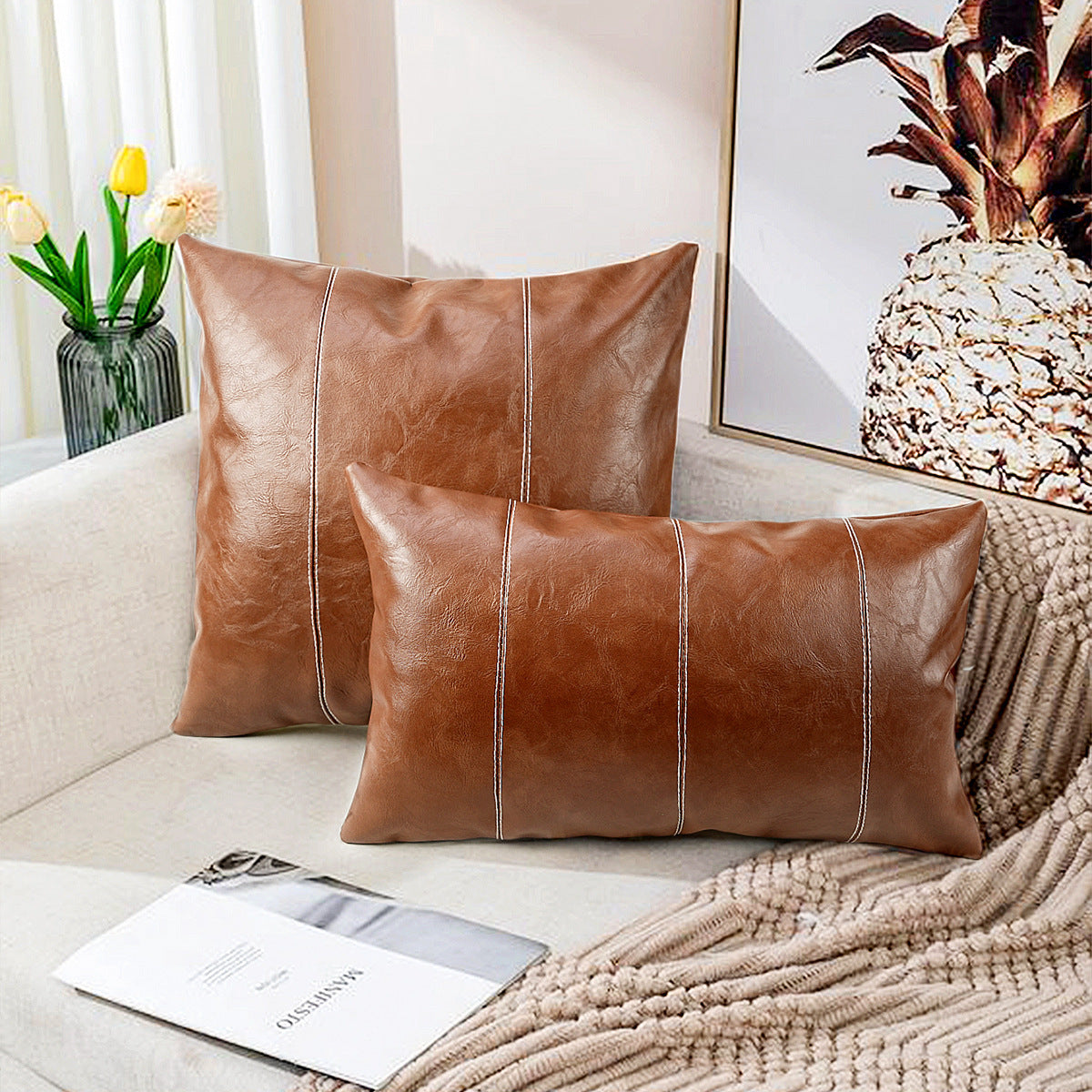 HKM-593043 Solid Color PU Leather Pillow Cover - Black & Brown Options, 45x45cm, 30x50cm, 50x50cm, European Style