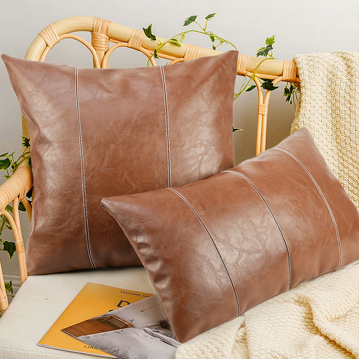 HKM-593043 Solid Color PU Leather Pillow Cover - Black & Brown Options, 45x45cm, 30x50cm, 50x50cm, European Style