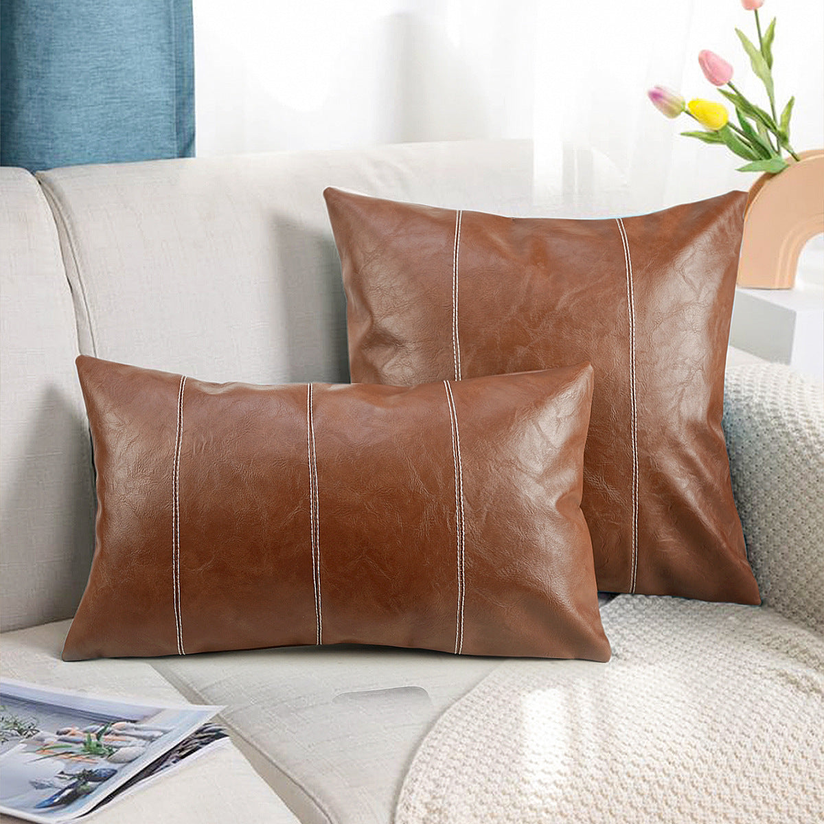 HKM-593043 Solid Color PU Leather Pillow Cover - Black & Brown Options, 45x45cm, 30x50cm, 50x50cm, European Style