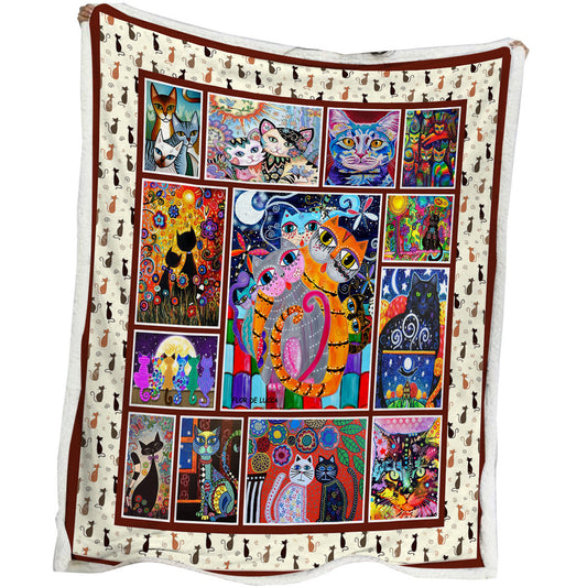 HKM-594067 Soft Sherpa Fleece Cat-Themed Blanket for Couch, Office, and Camping - Warm and Cozy, Perfect Size for Individual Use