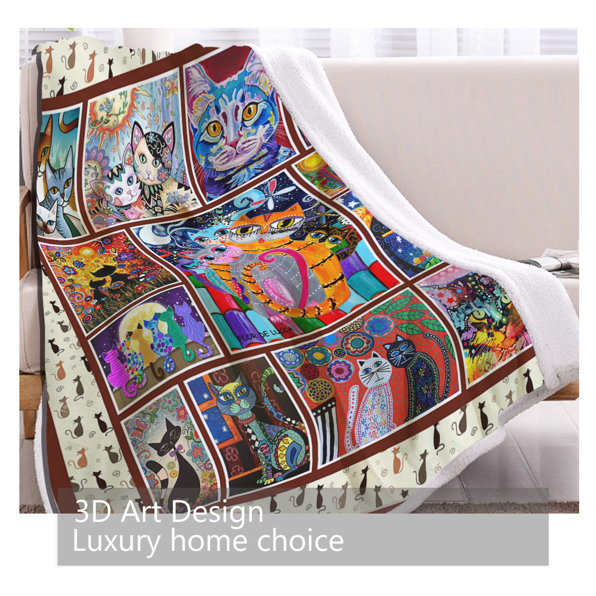 HKM-594067 Soft Sherpa Fleece Cat-Themed Blanket for Couch, Office, and Camping - Warm and Cozy, Perfect Size for Individual Use
