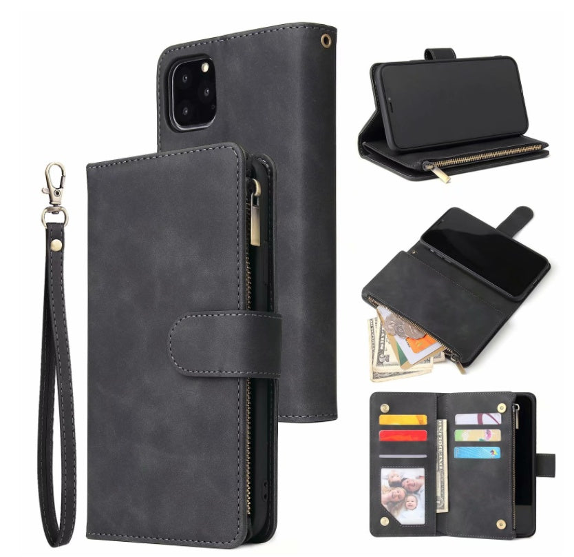 HKM-594323 iPhone 11 Pro Max Multi-Card Zipper Wallet Case - Retro Frosted Leather with Flip Style in Black, Blue, Brown, and Wine Red