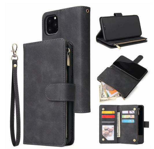 HKM-594323 iPhone 11 Pro Max Multi-Card Zipper Wallet Case - Retro Frosted Leather with Flip Style in Black, Blue, Brown, and Wine Red