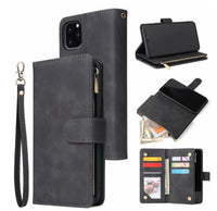 HKM-594323 iPhone 11 Pro Max Multi-Card Zipper Wallet Case - Retro Frosted Leather with Flip Style in Black, Blue, Brown, and Wine Red