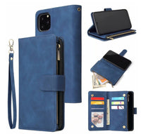 HKM-594323 iPhone 11 Pro Max Multi-Card Zipper Wallet Case - Retro Frosted Leather with Flip Style in Black, Blue, Brown, and Wine Red