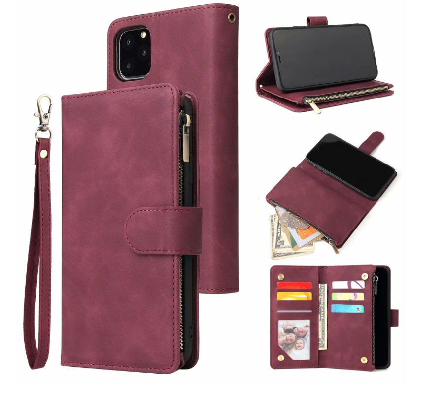 HKM-594323 iPhone 11 Pro Max Multi-Card Zipper Wallet Case - Retro Frosted Leather with Flip Style in Black, Blue, Brown, and Wine Red