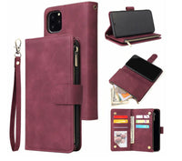 HKM-594323 iPhone 11 Pro Max Multi-Card Zipper Wallet Case - Retro Frosted Leather with Flip Style in Black, Blue, Brown, and Wine Red