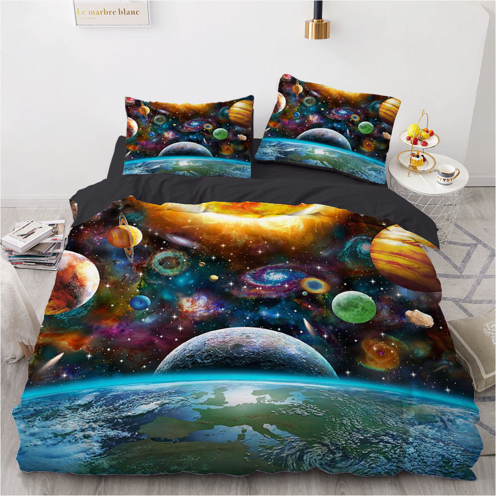 HKM-594387 Digital Bedding and Home Textile 3-Piece Set - Polyester Fabric, White Quilt Cover, Bed Sheet, and Pillowcase