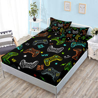 HKM-594387 Gamepad Themed Fitted Sheet and Duvet Cover Set with Pillowcases in Multiple Sizes