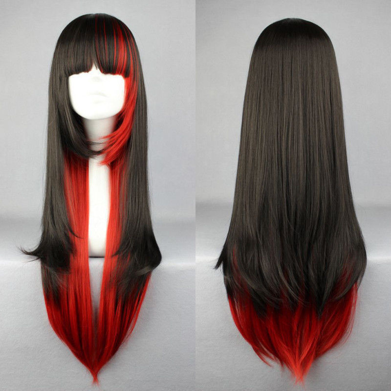 HKM-594515 Long Straight Black to Red Gradient Hair with Slanted Bangs - High Temperature Wire