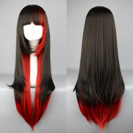 HKM-594515 Long Straight Black to Red Gradient Hair with Slanted Bangs - High Temperature Wire