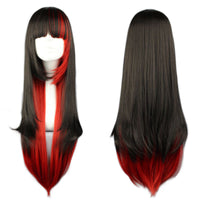 HKM-594515 Long Straight Black to Red Gradient Hair with Slanted Bangs - High Temperature Wire