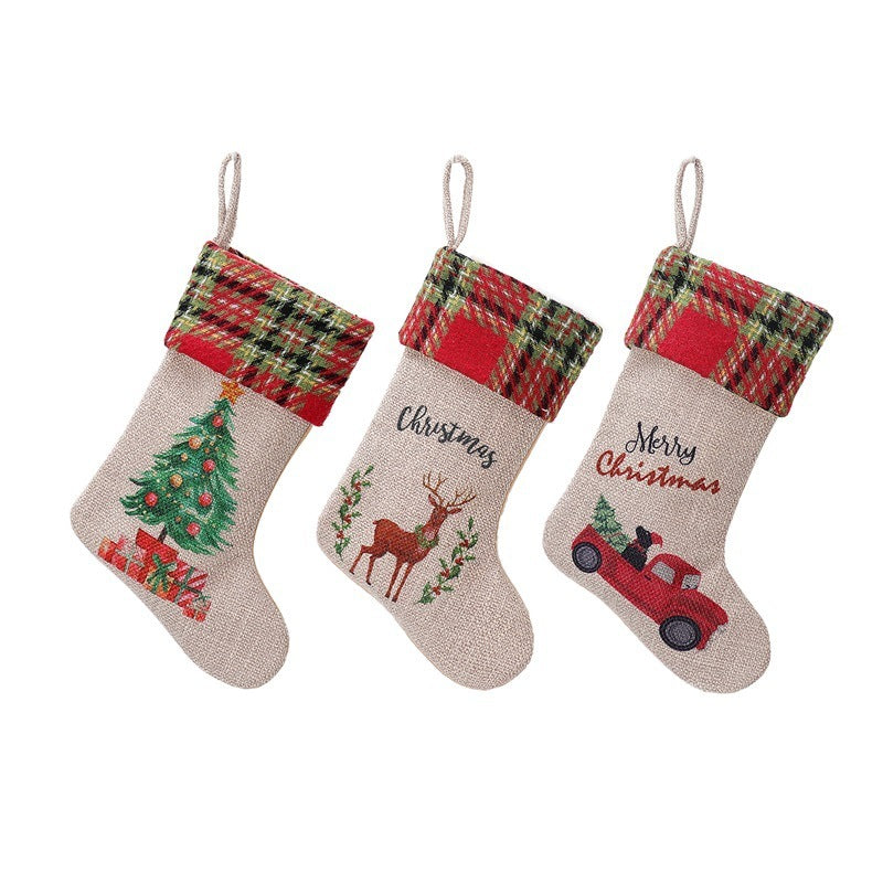 HKM-594835 Linen Christmas Stockings Set of 3 in Red and Green - 25x18cm Cloth Holiday Decor