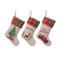 HKM-594835 Linen Christmas Stockings Set of 3 in Red and Green - 25x18cm Cloth Holiday Decor