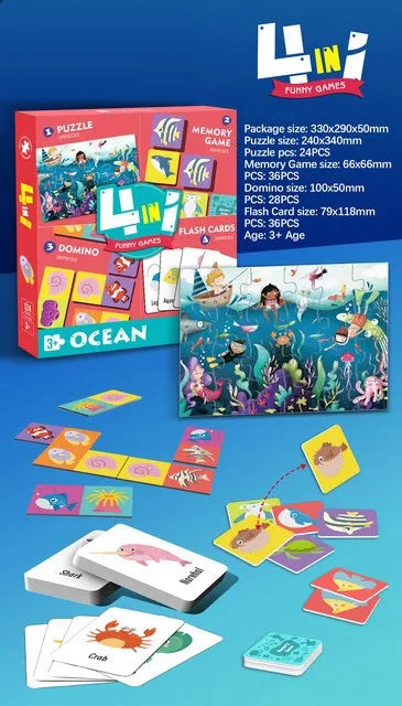 HKM-594899 Custom 4-in-1 Cartoon Puzzle and Memory Game Set for Kids - Educational Flash Cards and Jigsaw Fun