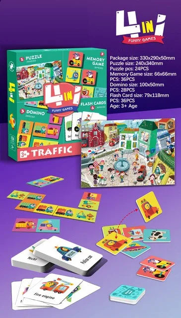 HKM-594899 Custom 4-in-1 Cartoon Puzzle and Memory Game Set for Kids - Educational Flash Cards and Jigsaw Fun