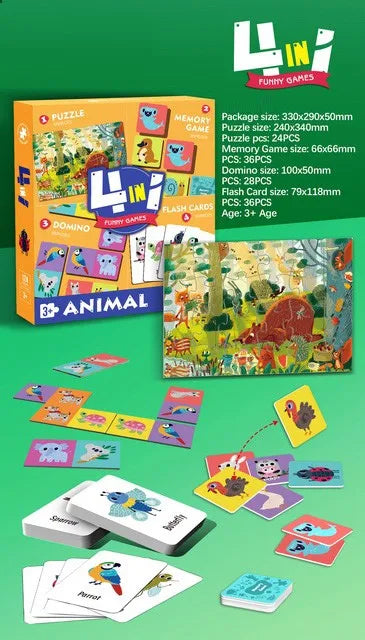 HKM-594899 Custom 4-in-1 Cartoon Puzzle and Memory Game Set for Kids - Educational Flash Cards and Jigsaw Fun