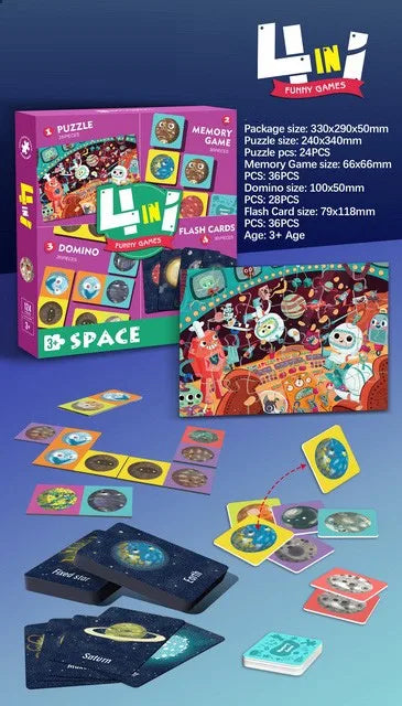 HKM-594899 Custom 4-in-1 Cartoon Puzzle and Memory Game Set for Kids - Educational Flash Cards and Jigsaw Fun