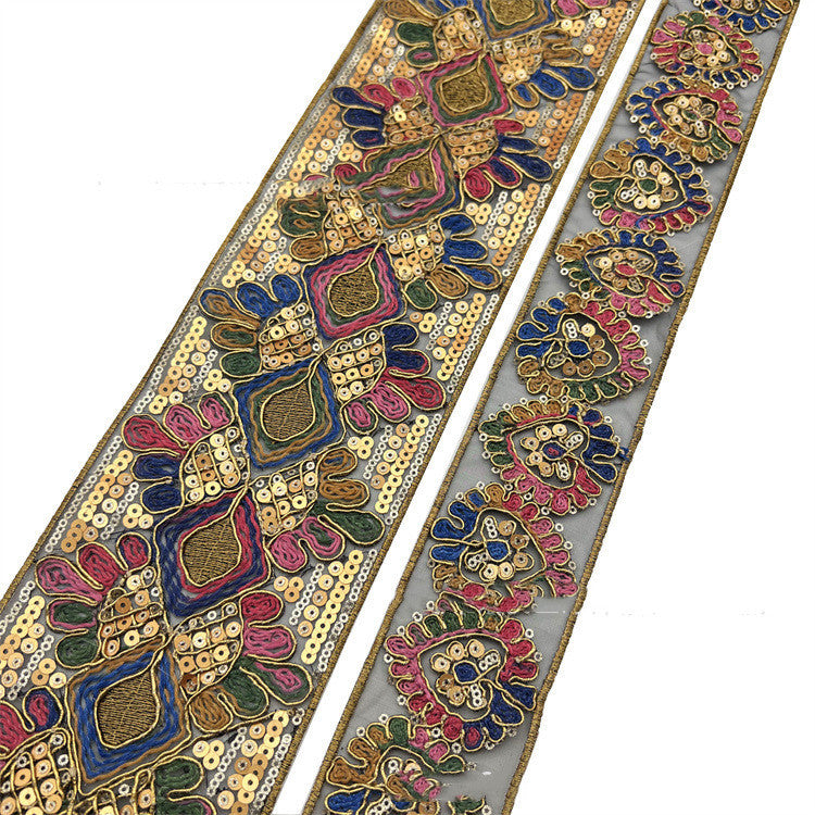 HKM-595155 Retro Ethnic Sequin Lace Embroidered Ribbon - Gold Strand Rope - 10 Yards