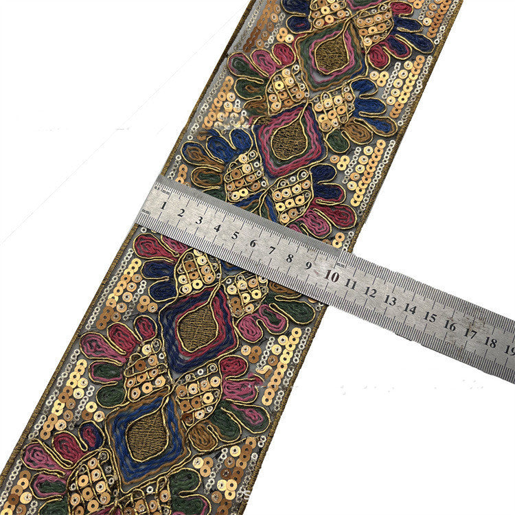 HKM-595155 Retro Ethnic Sequin Lace Embroidered Ribbon - Gold Strand Rope - 10 Yards