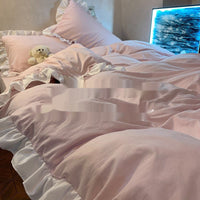 HKM-595219 Washed Cotton Four-Piece Quilt Cover Bedding Set with Lace Trim in Solid Colors