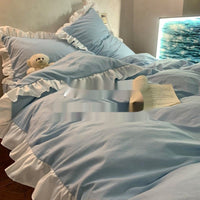 HKM-595219 Washed Cotton Four-Piece Quilt Cover Bedding Set with Lace Trim in Solid Colors