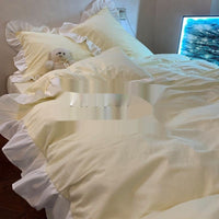HKM-595219 Washed Cotton Four-Piece Quilt Cover Bedding Set with Lace Trim in Solid Colors