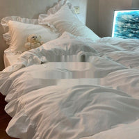 HKM-595219 Washed Cotton Four-Piece Quilt Cover Bedding Set with Lace Trim in Solid Colors