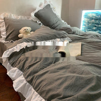 HKM-595219 Washed Cotton Four-Piece Quilt Cover Bedding Set with Lace Trim in Solid Colors