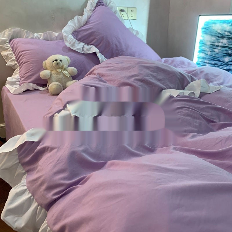 HKM-595219 Washed Cotton Four-Piece Quilt Cover Bedding Set with Lace Trim in Solid Colors