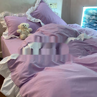 HKM-595219 Washed Cotton Four-Piece Quilt Cover Bedding Set with Lace Trim in Solid Colors