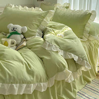 HKM-595219 Washed Cotton Four-Piece Quilt Cover Bedding Set with Lace Trim in Solid Colors