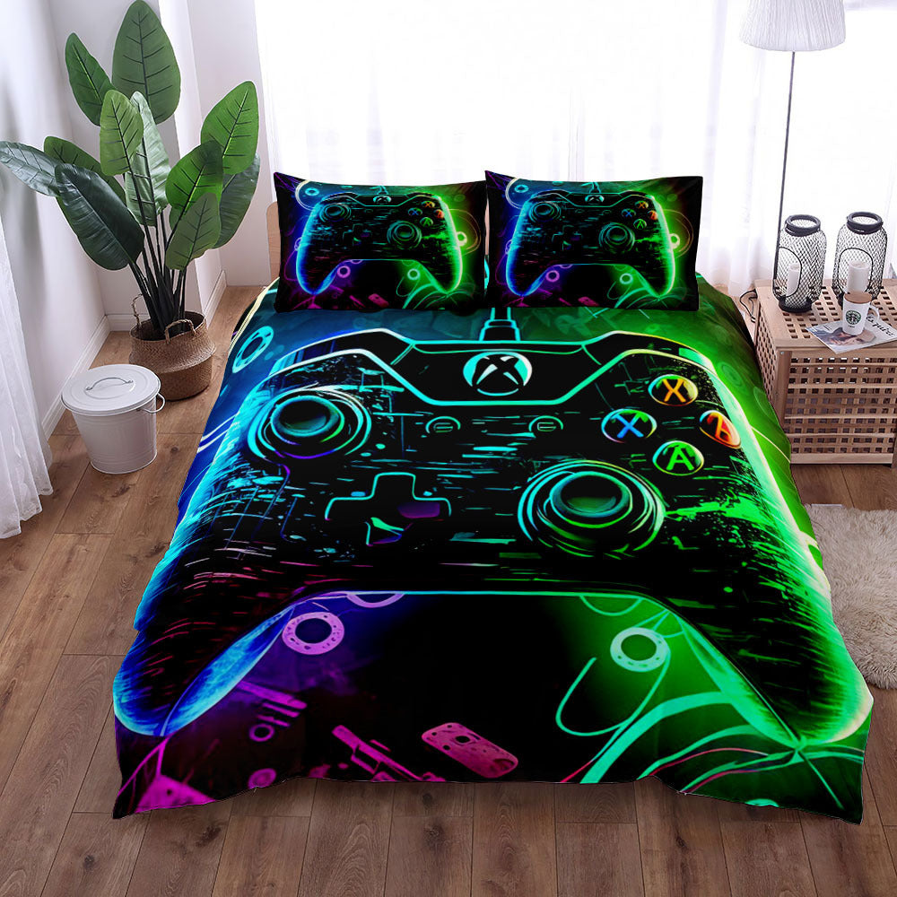 HKM-596179 Gamepad Pattern Three-Piece Bed Sheet Set with Duvet Cover and Pillowcases, Available in Multiple Sizes