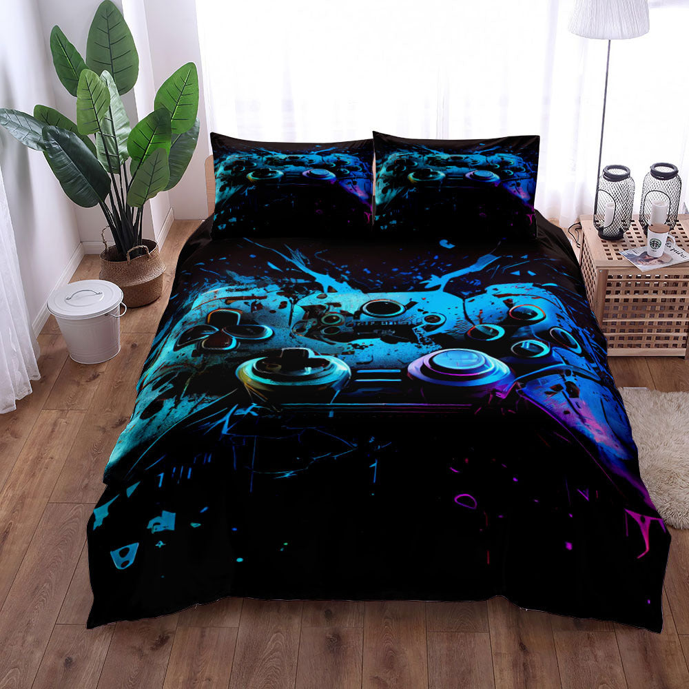 HKM-596179 Gamepad Pattern Three-Piece Bed Sheet Set with Duvet Cover and Pillowcases, Available in Multiple Sizes