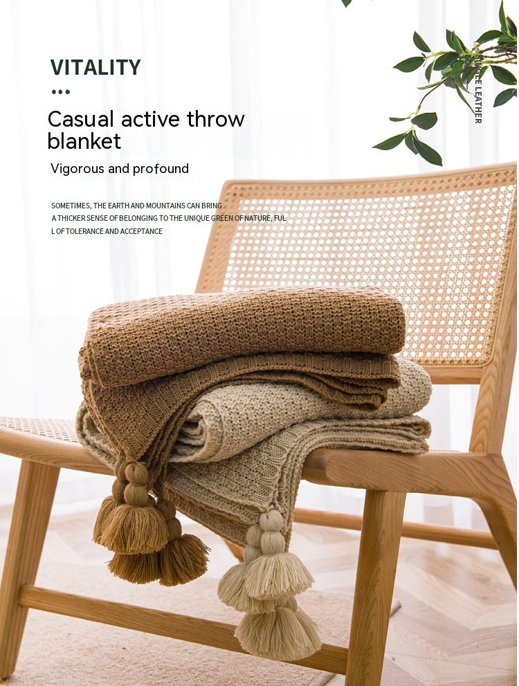 HKM-596691 Handmade Moss Stitch Blanket with Tassels for All-Season Comfort