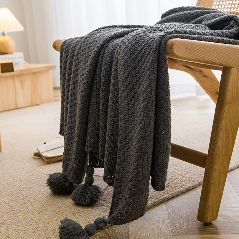 HKM-596691 Handmade Moss Stitch Blanket with Tassels for All-Season Comfort