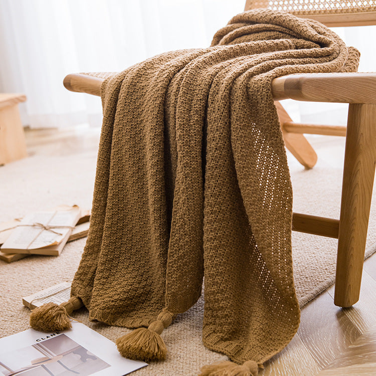 HKM-596691 Handmade Moss Stitch Blanket with Tassels for All-Season Comfort