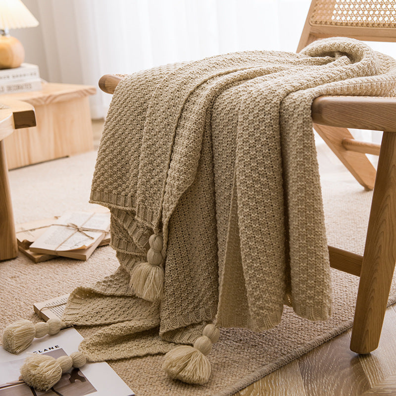 HKM-596691 Handmade Moss Stitch Blanket with Tassels for All-Season Comfort