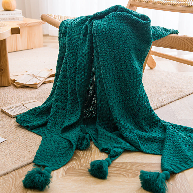 HKM-596691 Handmade Moss Stitch Blanket with Tassels for All-Season Comfort