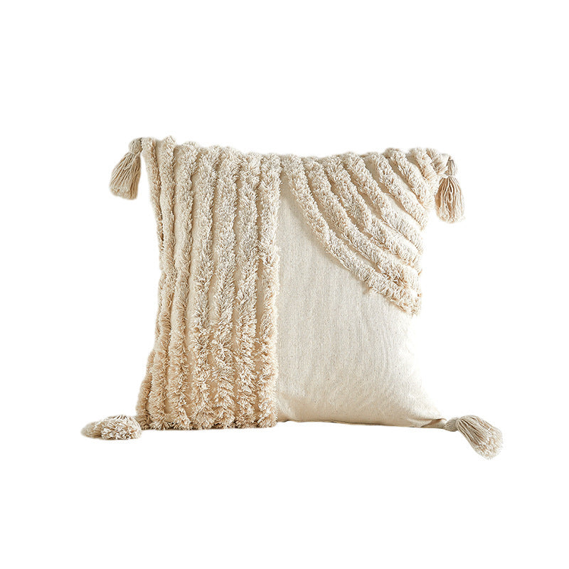 HKM-596819 Bohemian Style Pillowcase with Plush Tassels - 45x45 cm, Modern Simplicity Design