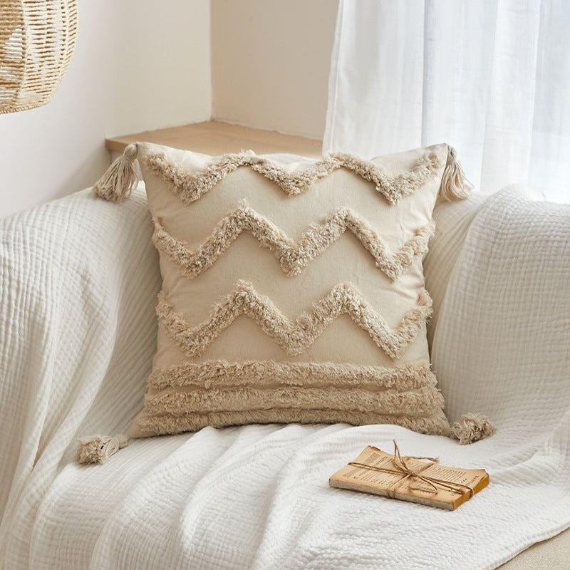 HKM-596819 Bohemian Style Pillowcase with Plush Tassels - 45x45 cm, Modern Simplicity Design