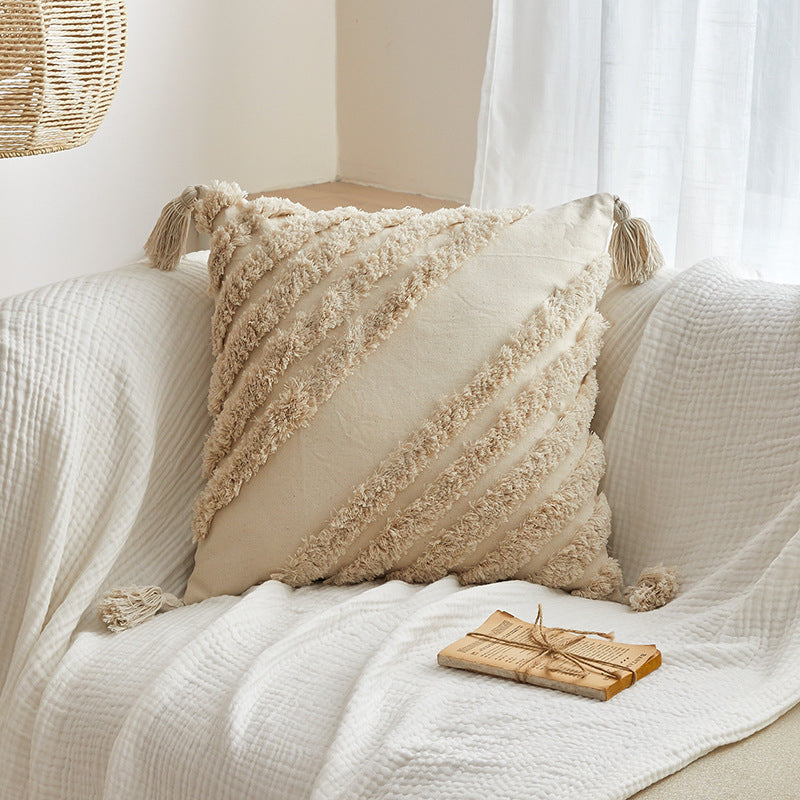 HKM-596819 Bohemian Style Pillowcase with Plush Tassels - 45x45 cm, Modern Simplicity Design