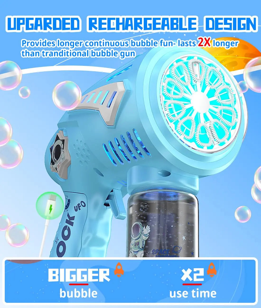 HKM-597331 Rechargeable 72-Hole Bubble Blaster with LED Lights for Kids