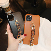 HKM-597779 Leather Wrist Strap Chain for iPhone Models - Compatible PU Back Cover in Brown, Gray, Black