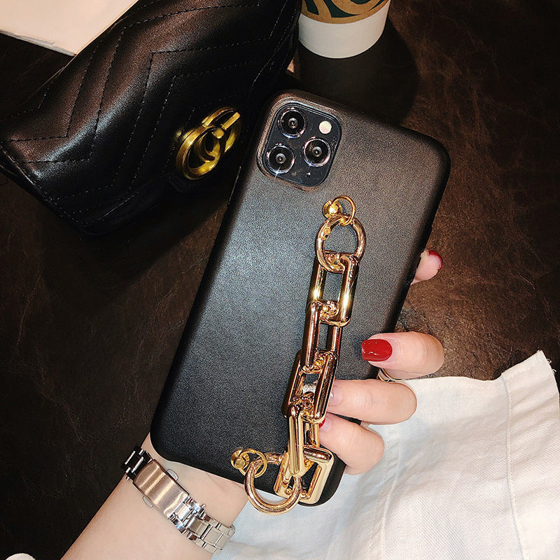 HKM-597779 Leather Wrist Strap Chain for iPhone Models - Compatible PU Back Cover in Brown, Gray, Black