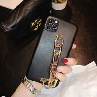 HKM-597779 Leather Wrist Strap Chain for iPhone Models - Compatible PU Back Cover in Brown, Gray, Black